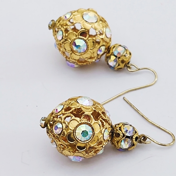 Stunning Vintage AB Crystal Gold Drop Earrings - Picture 2 of 5